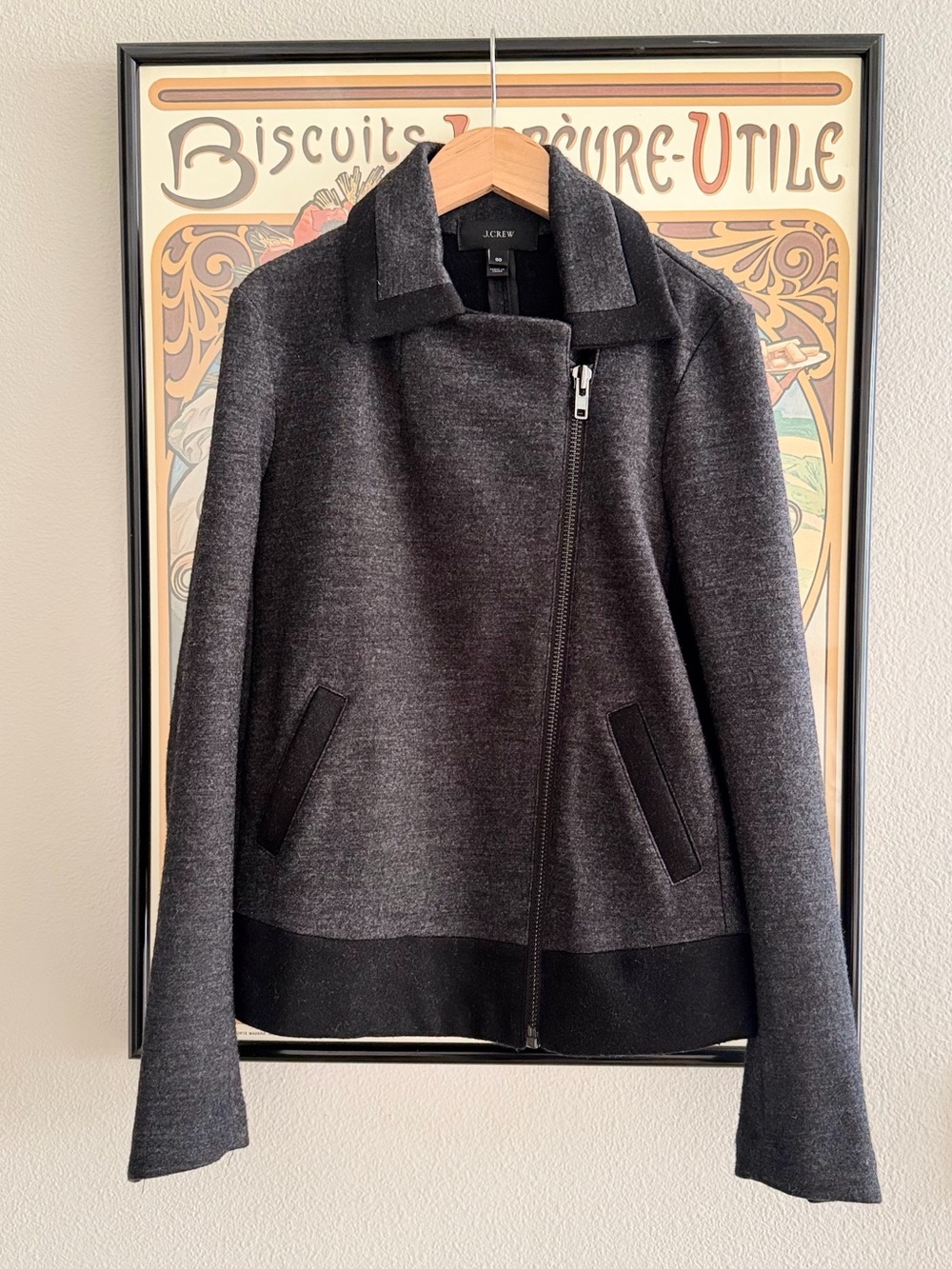 J. Crew Charcoal Grey with Black Trim Wool Blend Zip-Front Blazer Jacket - 00